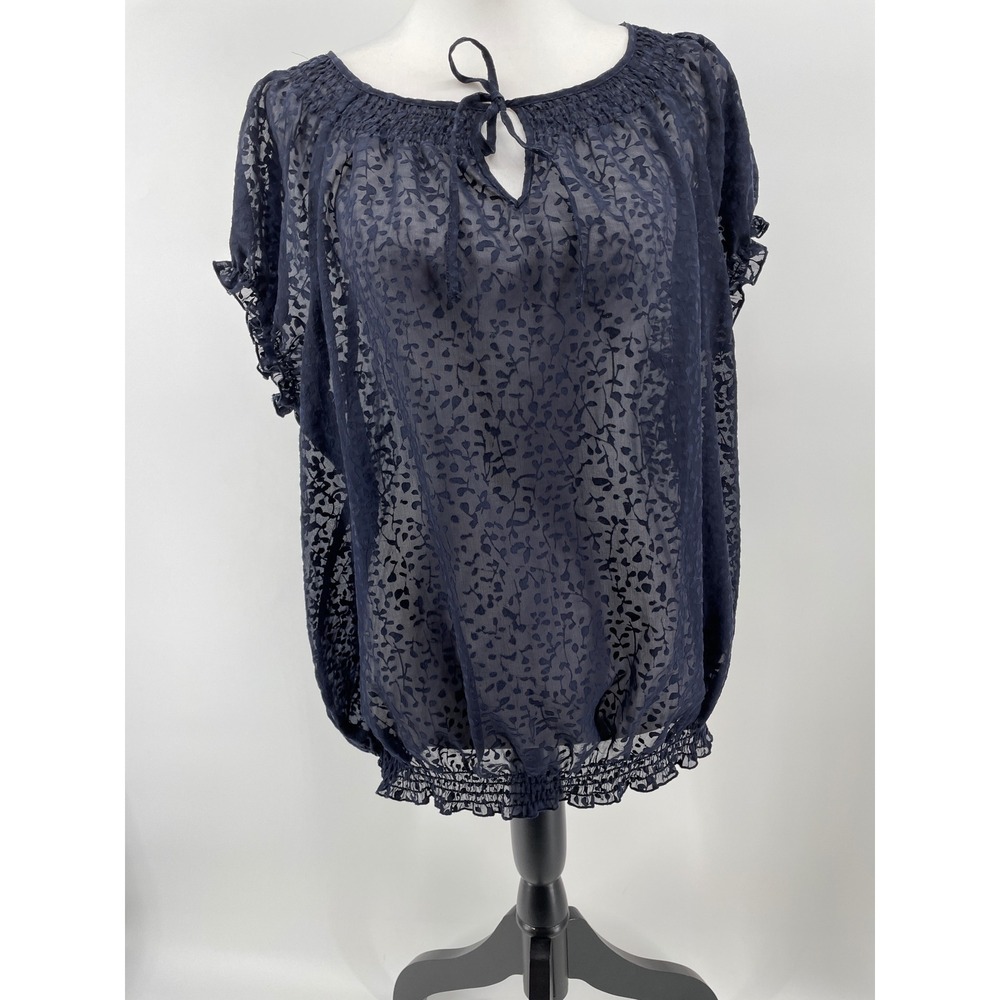 Liz Claiborne Sheer Floral Top Womens XL Navy Blue Boho Cottage Country Romantic